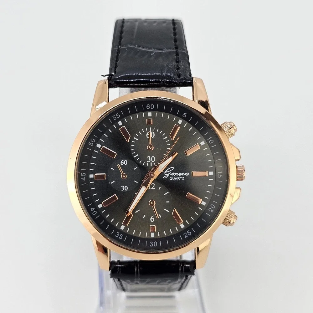 Men's Watch Analog 40MM Black Dial Black Faux Leather Bands New Battery